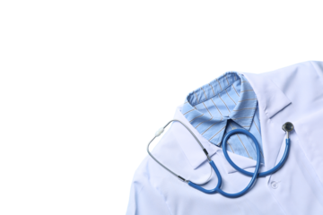 A doctor's coat and stethoscope highlight healthcare workers on World Doctor's Day, isolated on white, PNG