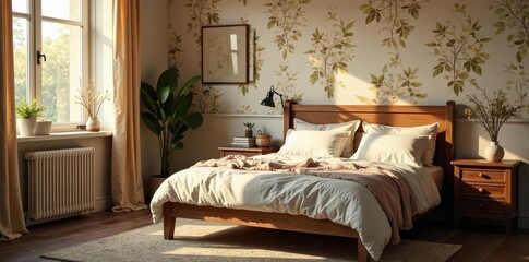 Vintage wooden furniture, soft morning light, cozy bed, floral wallpaper , retro, furniture
