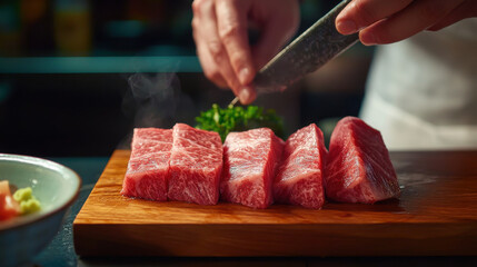 Artful arrangement of premium beef slices being prepared with knife, showcasing marbling and freshness