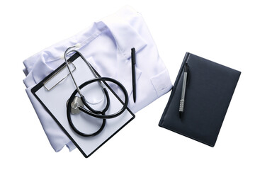 Stethoscope, clipboard, and notebook arranged neatly for Doctor's Day, isolated on white, PNG