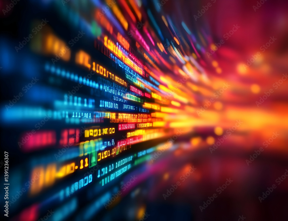Poster dynamic abstract representation of data streams, showcasing vibrant colors and blurred lines, symbol
