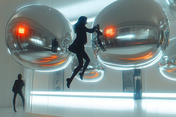 Silhouetted figures interacting with reflective spheres in a minimalist space