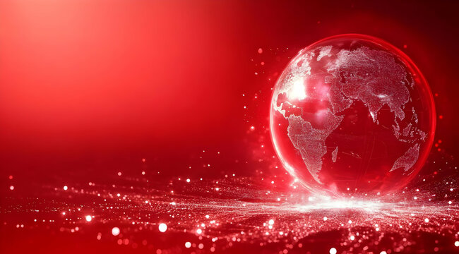 A futuristic red globe with sparkles, representing technological advancements and global connections in a vibrant atmosphere.