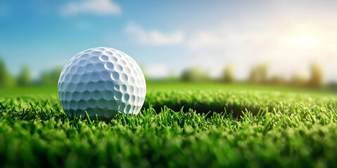 Obraz premium A close-up view of a golf ball on lush green grass, illuminated by the morning sun, conveying a sense of leisure and sportsmanship.