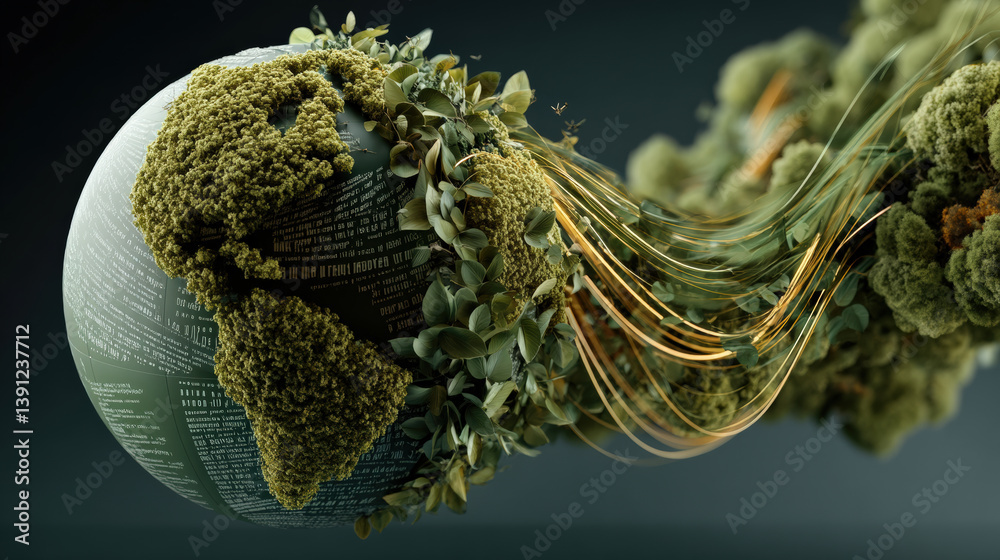 Poster digital representation of Earth with lush greenery and flowing data streams symbolizes fusion of nature and technology. image conveys sense of harmony and innovation