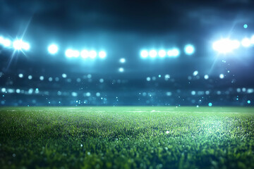 A vibrant sports stadium illuminated at night, showcasing a lush green field with dramatic lighting creating an electrifying atmosphere.