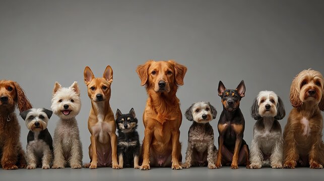 A group of cute white puppies and brown dogs, group of dog pets, sitting isolated on grey background