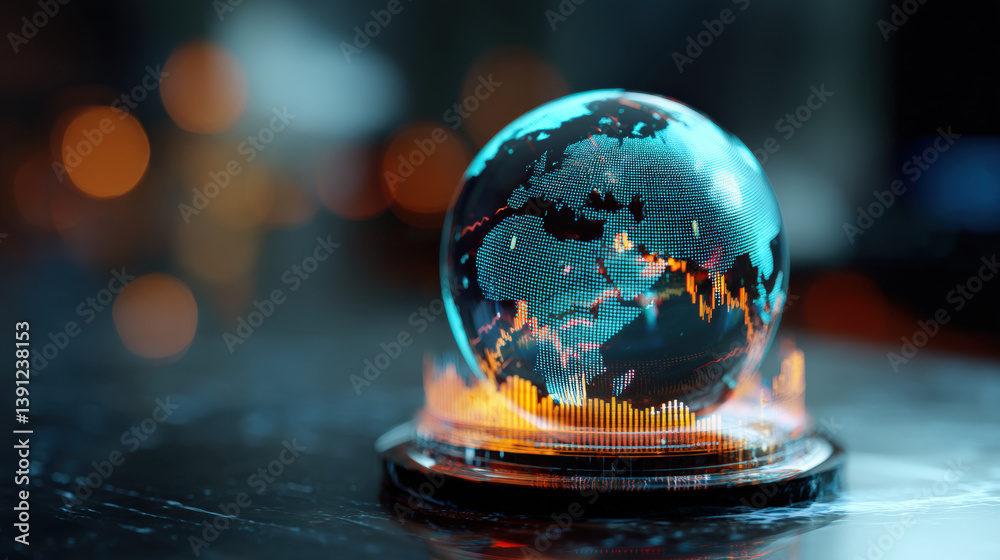 Poster digital globe displaying global currency analytics and market trends with vibrant data visualizations, set against blurred background. image conveys futuristic and dynamic atmosphere