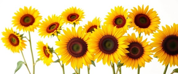 Fototapeta premium Vibrant yellow sunflowers, bright blooms against pure white backdrop, vibrant, design
