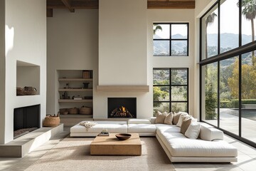 Cozy modern Los Angeles living room with white walls, black window frames, fireplace, designer furniture, palm tree views, and bright natural light.