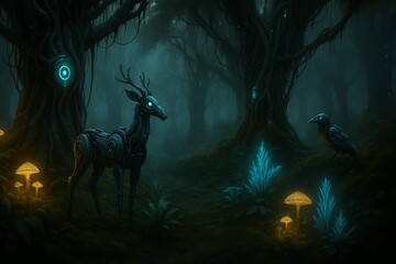Biomechanical Forest Frontier with Glowing Plants and AI Wildlife – Futuristic Cyberpunk Nature Scene Where Technology Merges with Nature – Ethereal Bioluminescent Landscape
