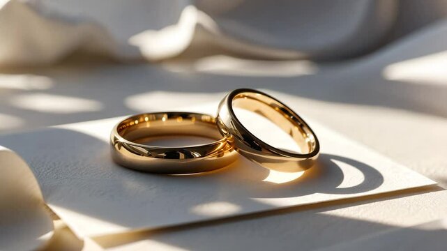 Gold wedding bands showcased on a card with a white background, two separate rings on white, rings background concept.