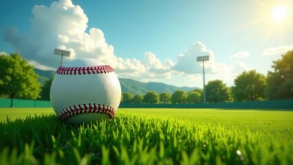A pristine baseball rests gently on a vibrant green field, bathed in the warm glow of a sunny day, with a tranquil landscape and distant lighting towers providing a serene backdrop.