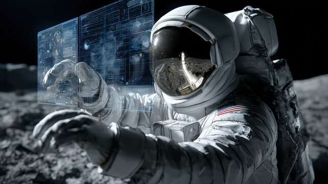 astronaut on moon interacts with futuristic floating touchscreens, showcasing advanced technology in space exploration. scene is illuminated by lunar surface - Powered by Adobe