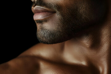 Naklejka premium A close-up of a man's jawline and neck, showcasing athleticism and strength against a dark background.