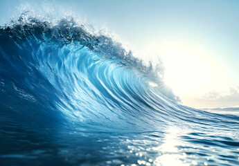 A breathtaking wave crashing against the shore, showcasing the beauty and power of nature under a clear blue sky.