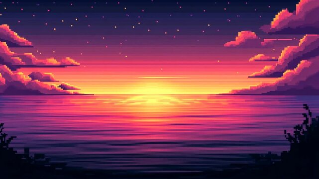Pixelated serenity: Mesmerizing pixel art sunset over tranquil waters for digital backgrounds