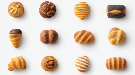 A delightful assortment of freshly baked breads and pastries arranged on a clean white background showcasing various textures and shapes.