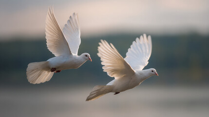 Fototapeta premium Two white doves flying gracefully in the sky with blurred background on a bright and sunny day time
