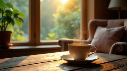 Warm Morning Light Illuminates a Steaming Cup of Coffee on a Rustic Wooden Table Beside a Comfortable Armchair, Near a Window with Lush Greenery Visible Through the Glass