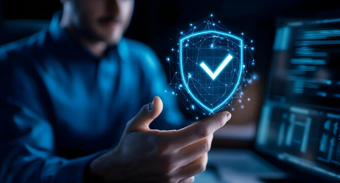 A professional using advanced technology to ensure digital security with a glowing shield icon, symbolizing protection and trust.