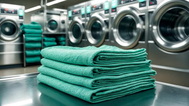 Collection of folded green surgical linens in an industrial laundry with washing machines visible in the background. Cleaning and ironing services available. Selective focus.