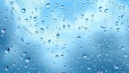 Close-up of raindrops on a glass surface, creating a serene backdrop with a blurred blue sky, depicting tranquility and nature's beauty.