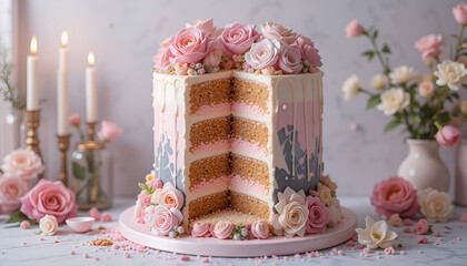 wedding cake with rose petals