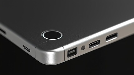 Obraz premium Close-up of a sleek laptop edge showcasing ports and modern design elements.