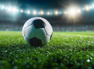 Fototapeta premium A close-up view of a soccer ball on a well-maintained grass field, surrounded by stadium lights and a cheering crowd, capturing the sports spirit.