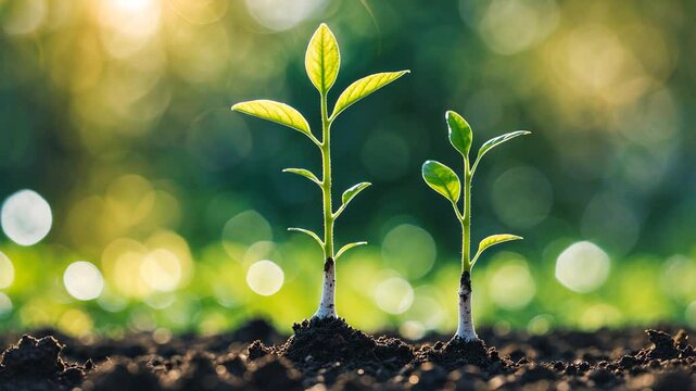 Plant growth resembling a potential graph in sunlight with a blurred green nature bokeh background, small business prospects.