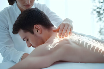 A professional therapist provides a soothing spinal adjustment to a male client, promoting relaxation and healing.