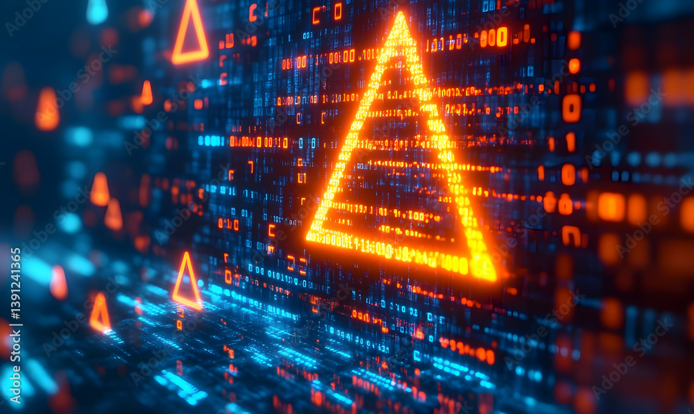 Poster futuristic digital background featuring glowing triangles and binary code, symbolizing technology an