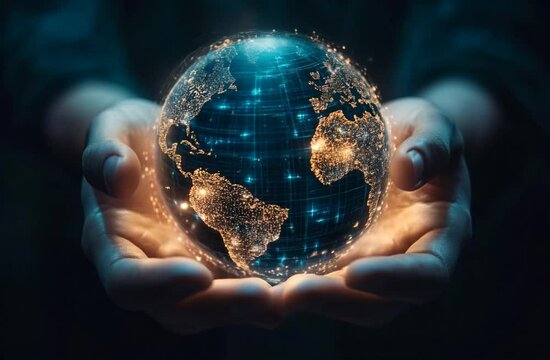 Manos sostienen suavemente un globo terr&aacute;queo digital que gira, flujos de datos brillantes  hologr&aacute;ficas parpadean alrededor del mundo