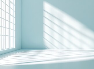 Obraz premium Serene light blue gradient background with blurred sunlight rays and floor shadows, minimalist design for advertising banners, brand presentations, digital marketing templates.
