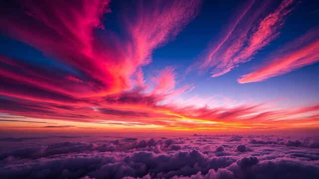 The dawn or dusk. The cloudy sky adorned with vibrant and intense hues of red, orange, pink, scarlet, crimson, purple, violet, and blue.