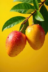 Vibrant dew-kissed exotic fruits hanging on a branch against a sunny yellow backdrop