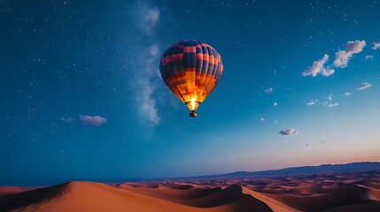 Obraz premium Striking Hot Air Balloon Ascends over Desert Dunes under Starry Night Sky