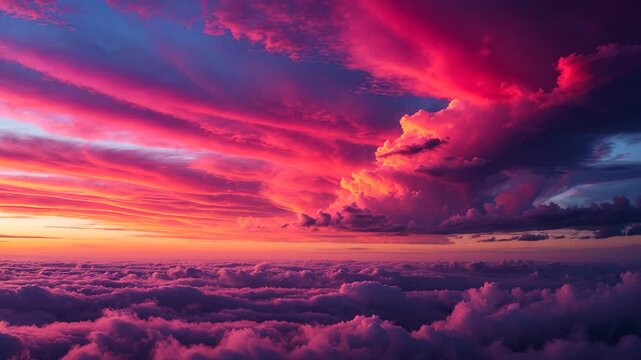 The dawn or dusk. The cloudy sky colored in vibrant and brilliant hues of red, orange, rose, scarlet, crimson, purple, violet, and blue.
