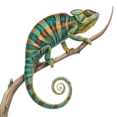 Obraz premium Chameleon Turning Its Body with Animated Tail Curving, Showcasing Color Change Ability