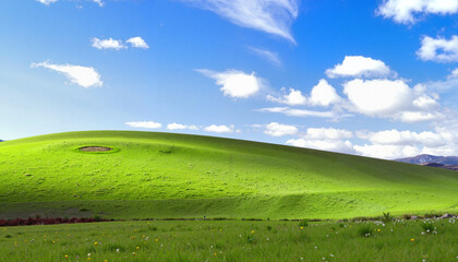Obraz premium Green grassy hill under blue sky with clouds 