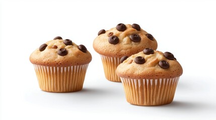 Three delicious blueberry and chocolate chip muffins sit together on a white background ready for a tasty treat.