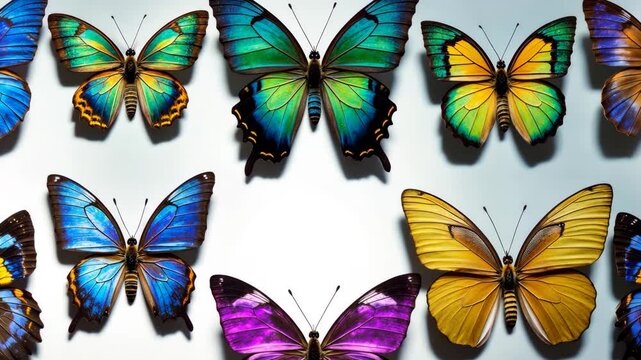 Striking exotic butterflies with diverse wing patterns and colors are displayed, emphasizing the richness of nature's biodiversity.