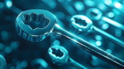 Close-up of metallic wrench tools in a workshop setting, showcasing precision and detail.