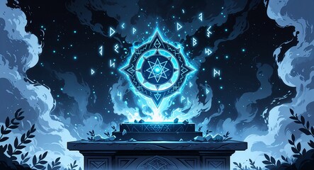 A magical amulet surrounded by mist and glowing runes floating in the air above an altar anime cartoon style illustration artwork design background