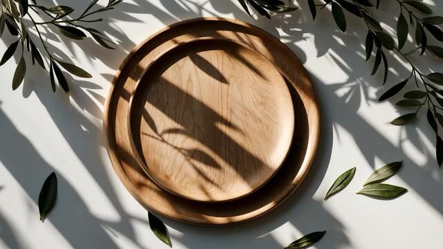 Summer wedding still life composition. Sunlit wooden platter and tray. Olive tree branches against a white table background. Floral shadow pattern with speckled lighting. Festive table arrangement.