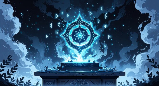 A magical amulet surrounded by mist and glowing runes floating in the air above an altar anime cartoon style illustration artwork design background