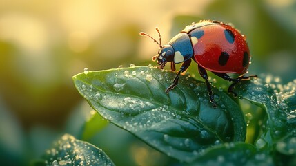 Ladybug on green leaf closeup