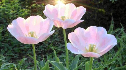 Fototapeta premium Three pale pink tulips in sunlight