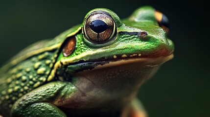 Fototapeta premium A cute green tree frog, a small amphibian animal with big eyes, rests on a vibrant leaf in its natural wildlife habitat
